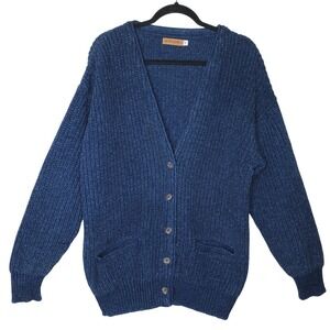 Ruff Hewn Medium Blue Cotton Knit Cardigan Fisherman Sweater V Neck Pockets
